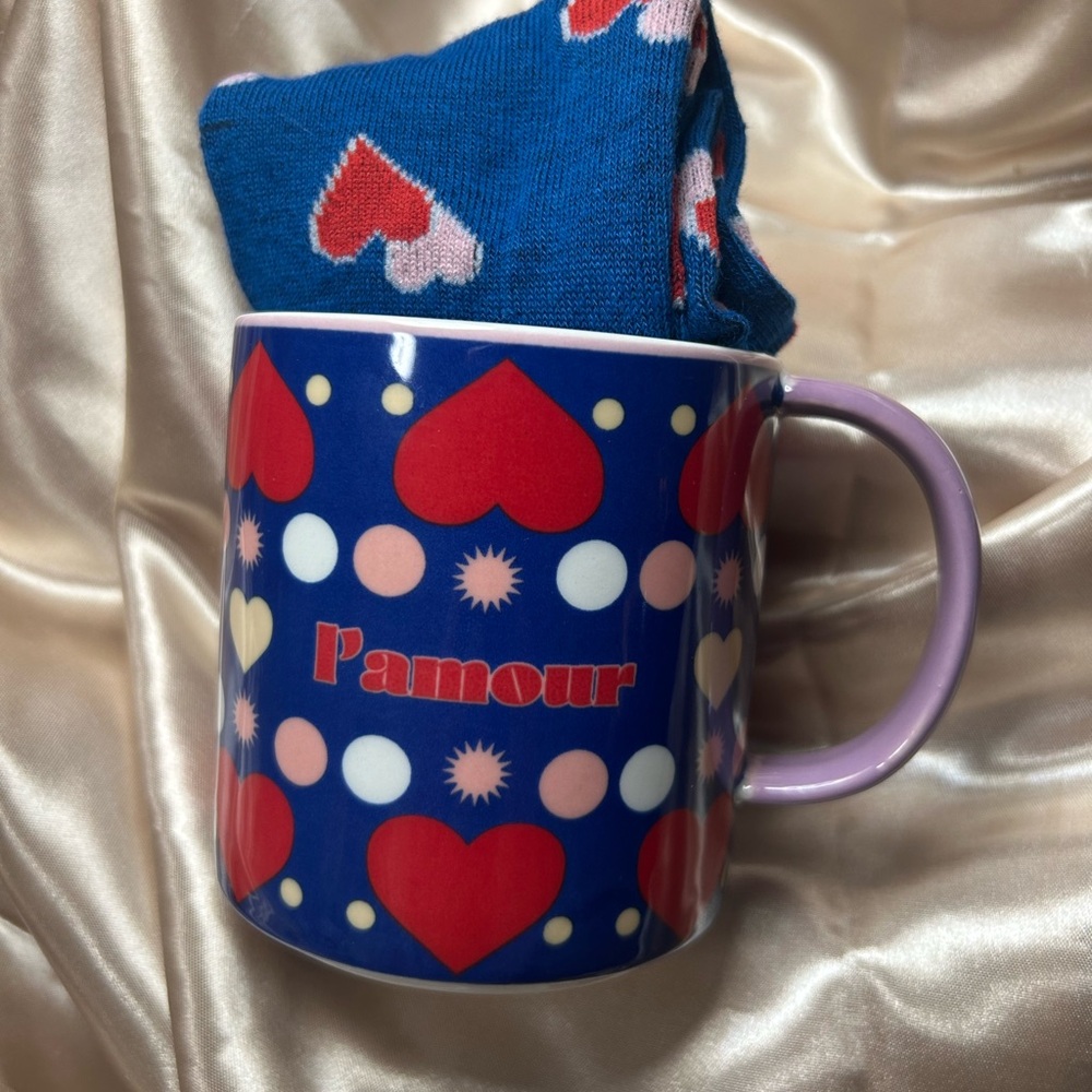 Anthropology L’AMOUR Colorful Heart Pattern Mug with matching heart Socks